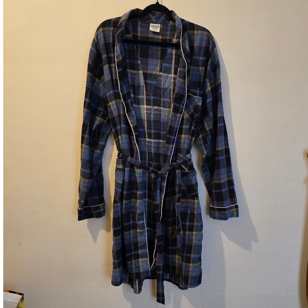 Vintage 80s Firenze Robe Mens Large Blue Plaid Cotton Flannel Loungewear Belted